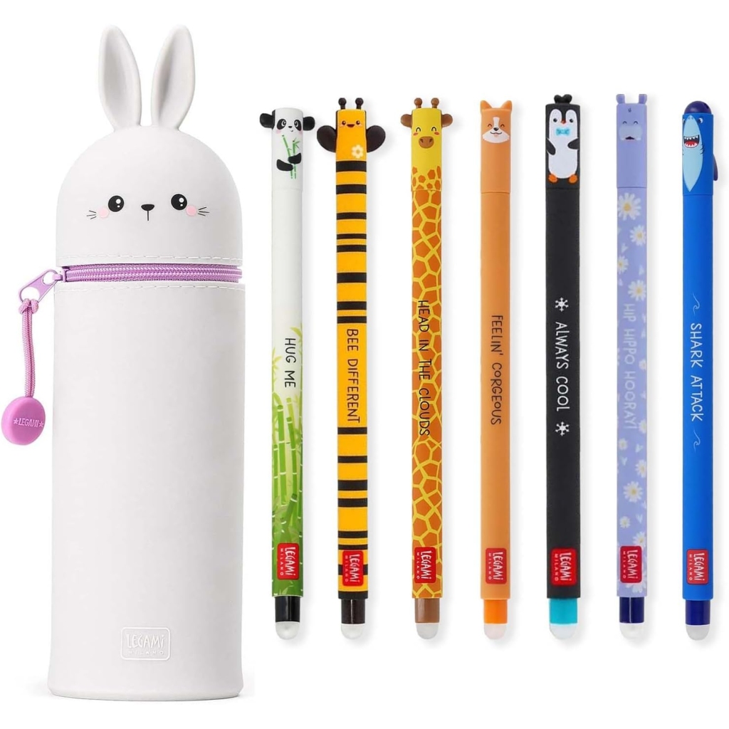 Lot de 7 stylos gel effaçables + trousse lapin