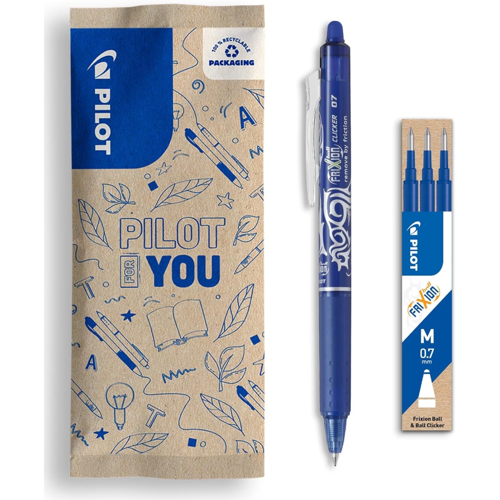 Stylo Frixion Ball Clicker + 3 Recharges - Bleu
