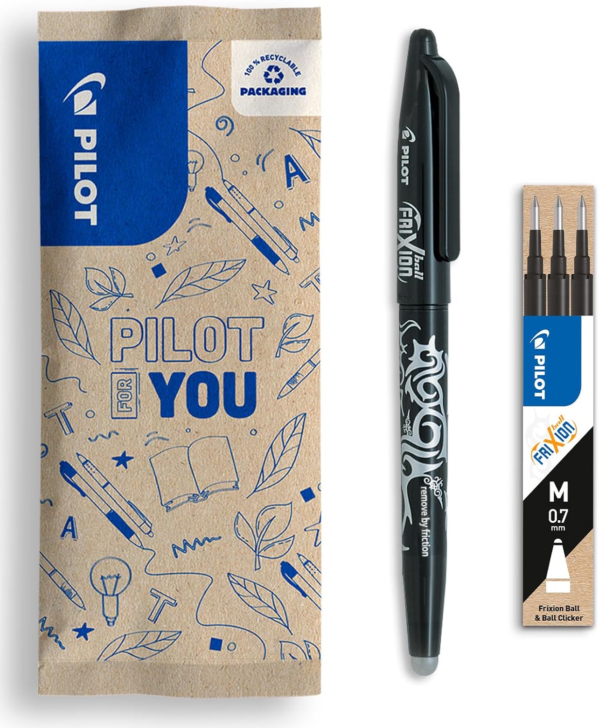 Stylo Frixion Ball Noir + 3 Recharges - Effaçable, Écologique