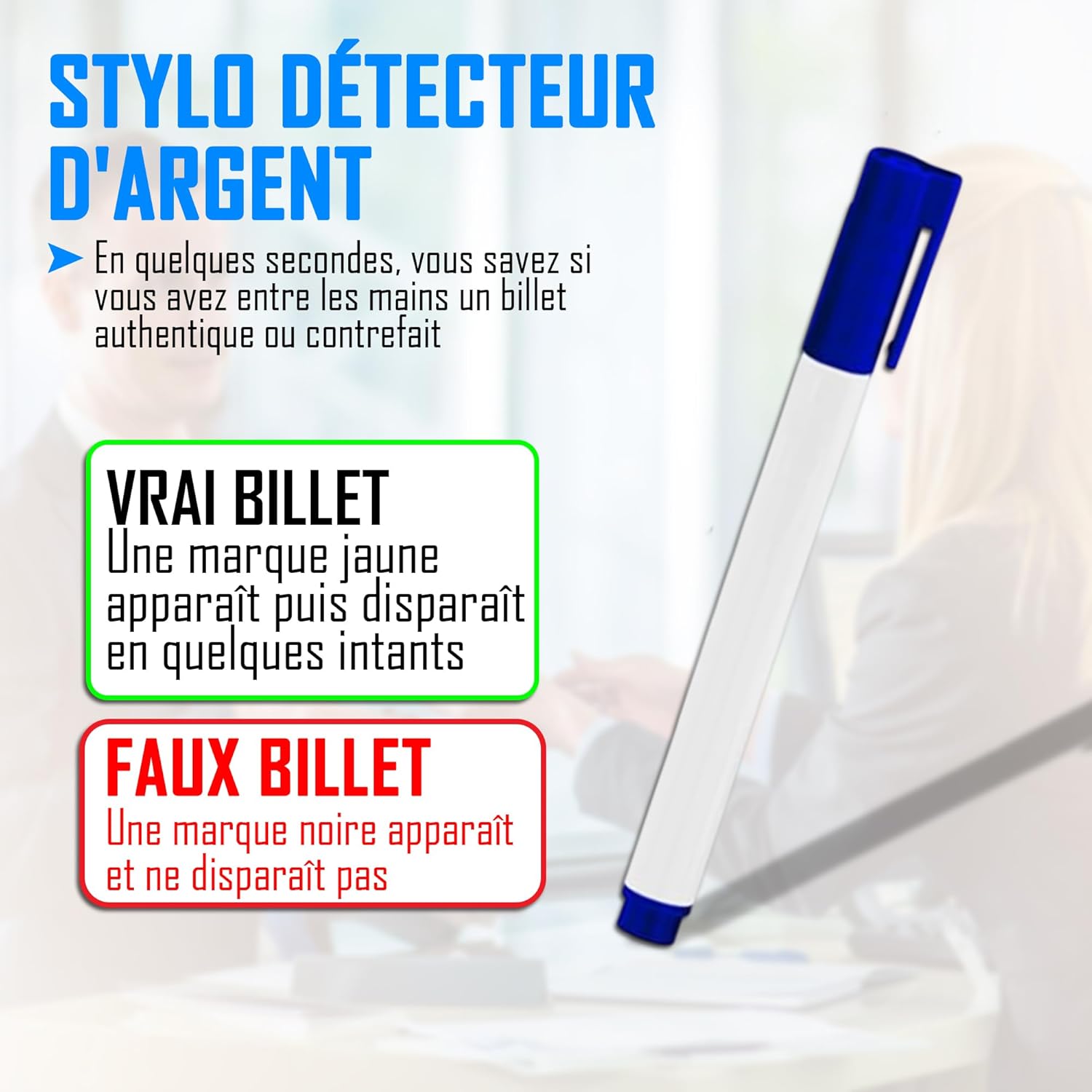 Stylo Vérificateur de Billets - Détection Rapide 2s