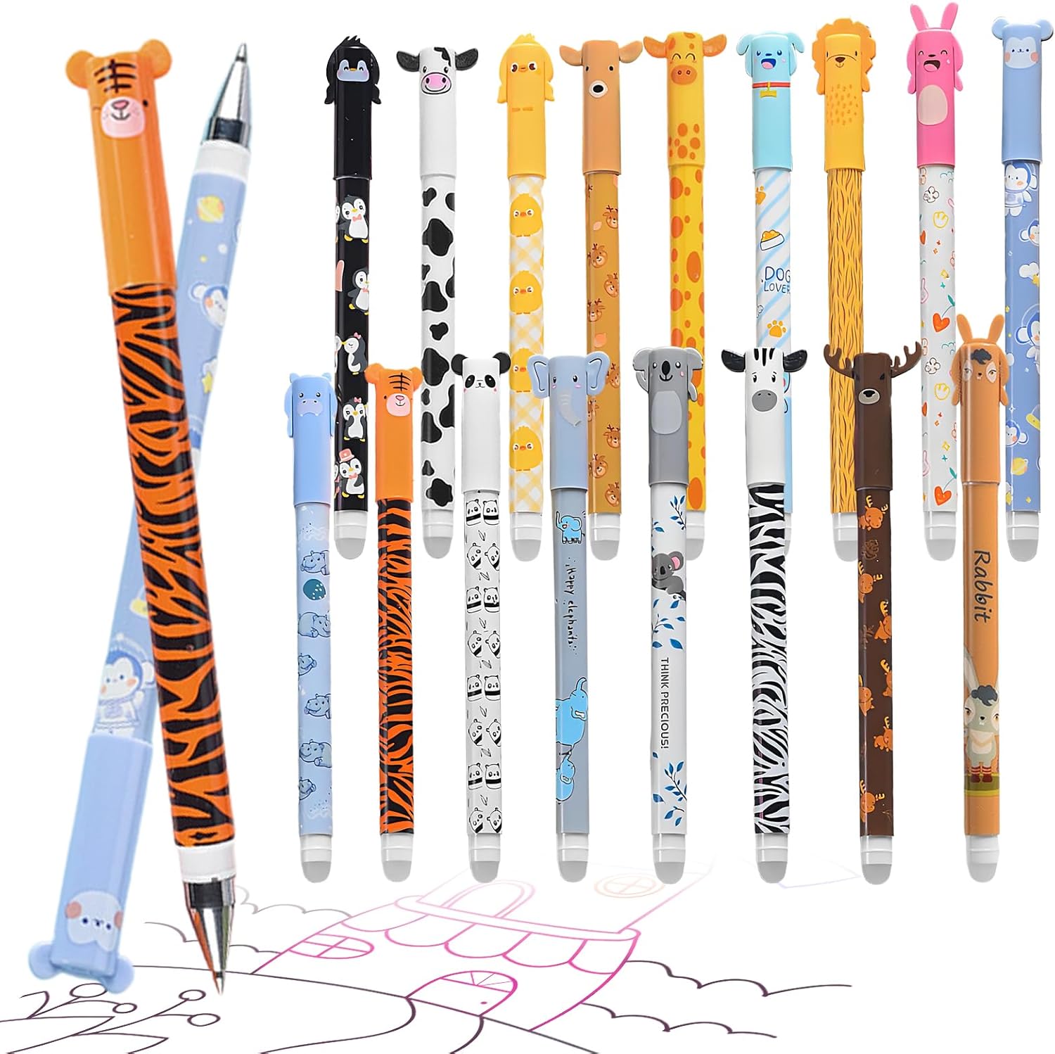 Stylos Animaux Effaçables - Lot de 18 Couleurs