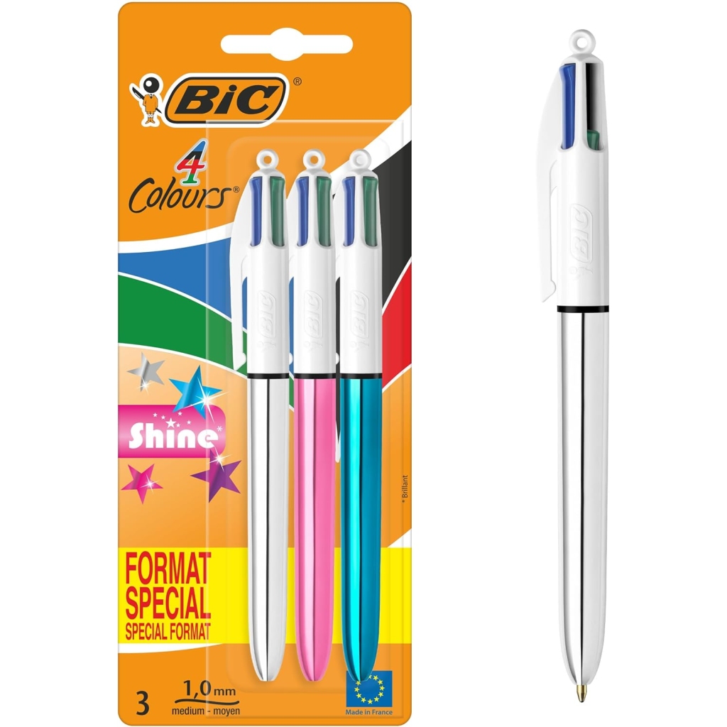 Stylos BIC 4 Couleurs Rétractables Shine (x3)