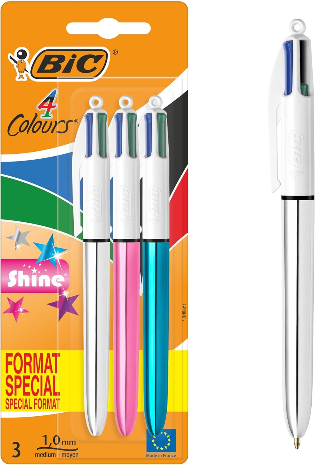 Stylos BIC 4 Couleurs Rétractables Shine - Blister de 3