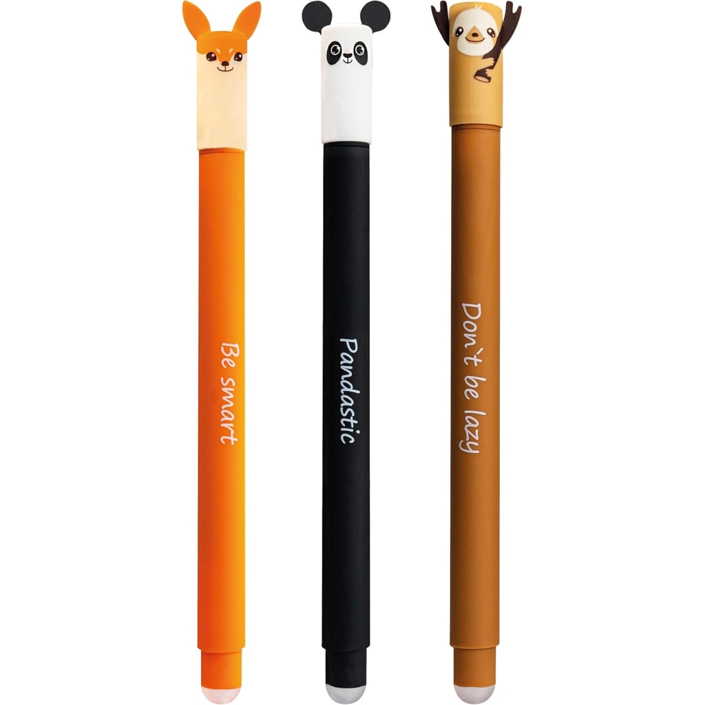 Lot de 3 Stylos Gel Renard, Chauve souris, Panda