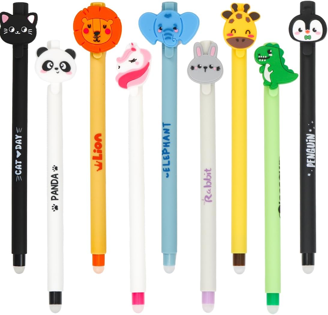 Stylos Gel Effaçables Animaux 0.6mm - 9 Couleurs