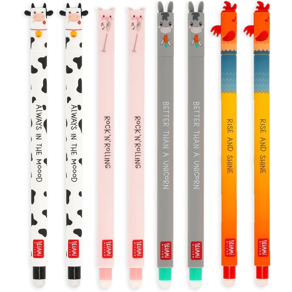 Lot de 8 Stylos Legami Gel Effaçables Animaux de la Ferme