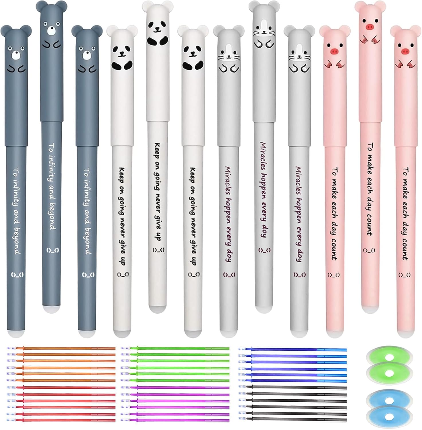 Stylos Gel Effaçables Kawaii – 12 pcs avec Recharges et Gommes
