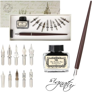 Stylos Plume en Bois avec 10 Plumes de Rechange