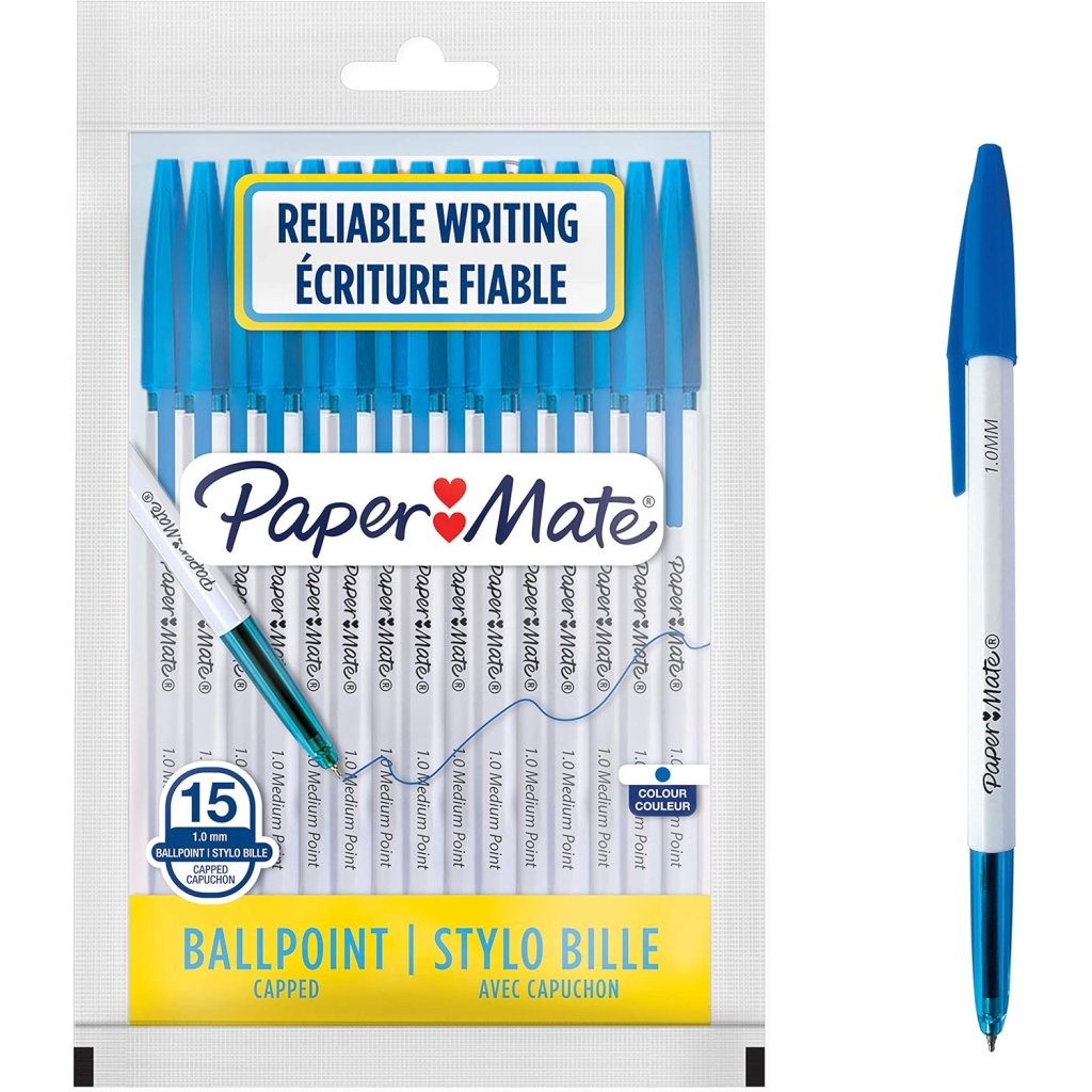 Stylos à bille Paper Mate - Lot de 15, encre bleue