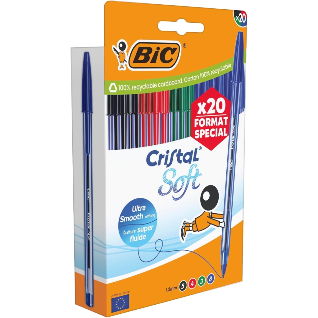 Stylo bille BIC Cristal Soft - Pack de 20 Couleurs Assorties