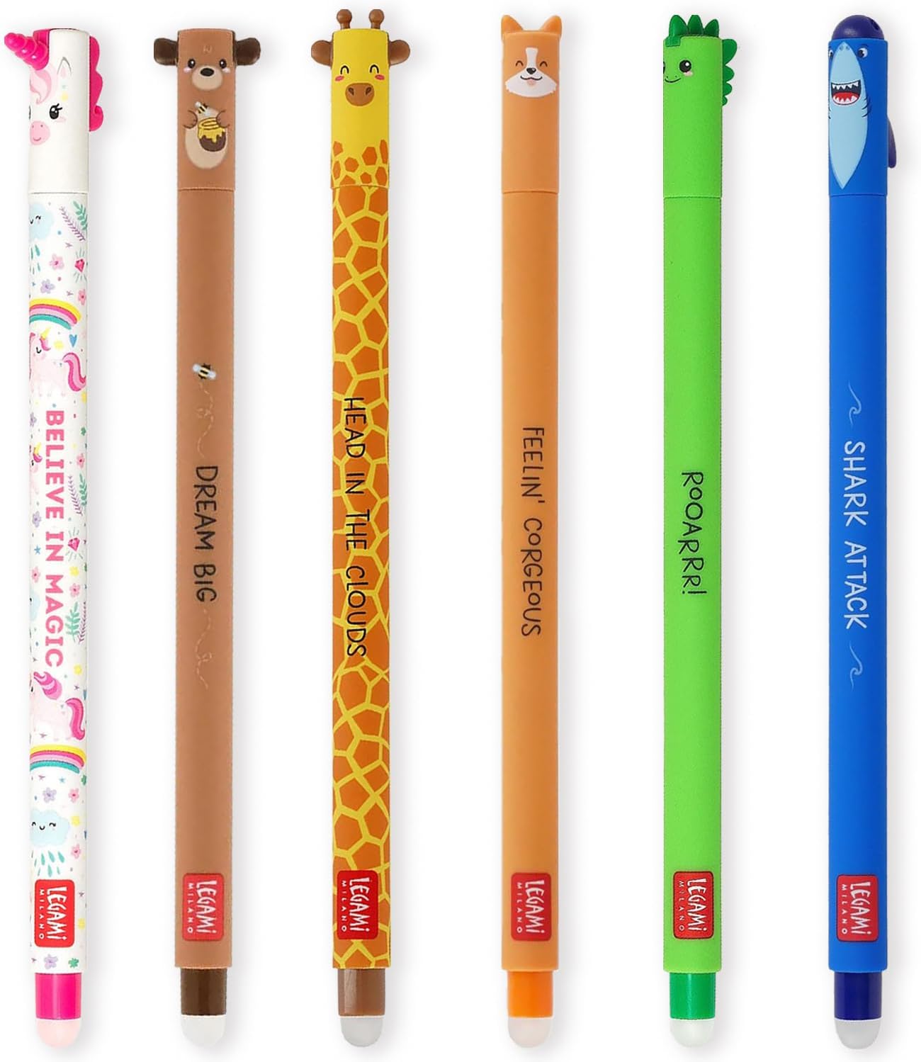 Stylos gel effaçables animaux colorés - Lot de 6