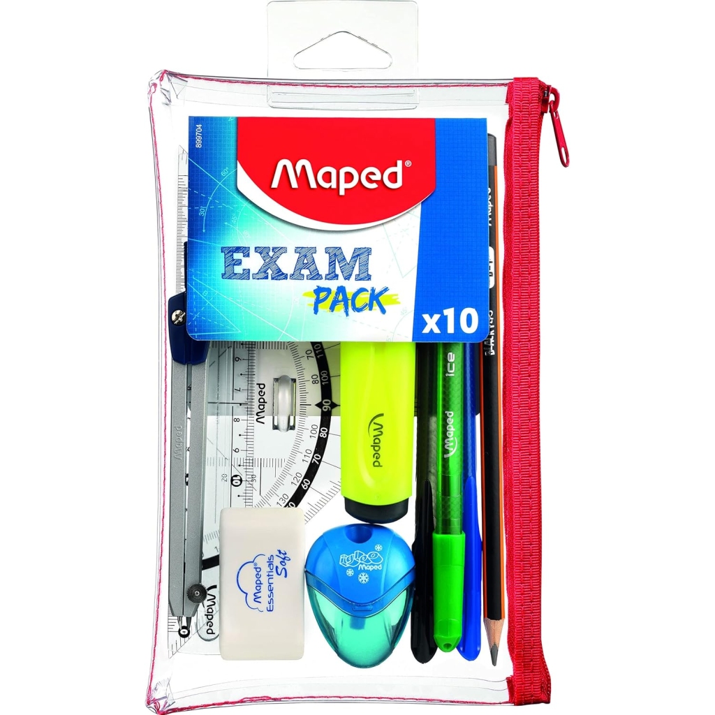 Trousse complète : stylos, règle, équerre, compas, crayon, gomme