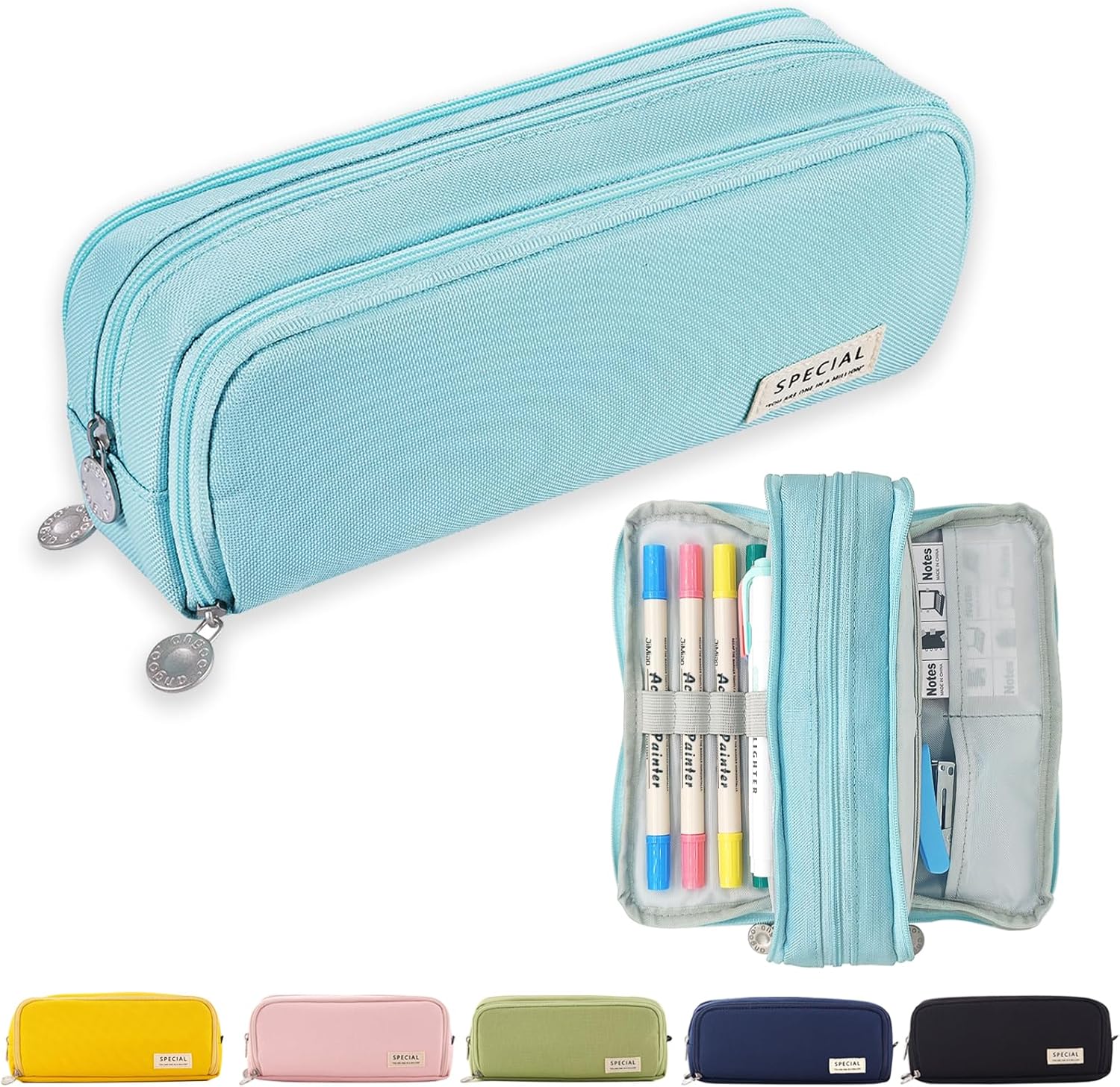 Trousse à Crayons 3 Compartiments Bleu Clair