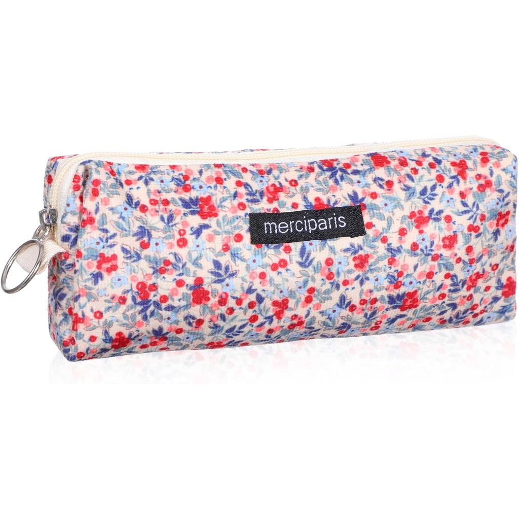 Trousse à Crayons Rétro Florale en Velours Beige