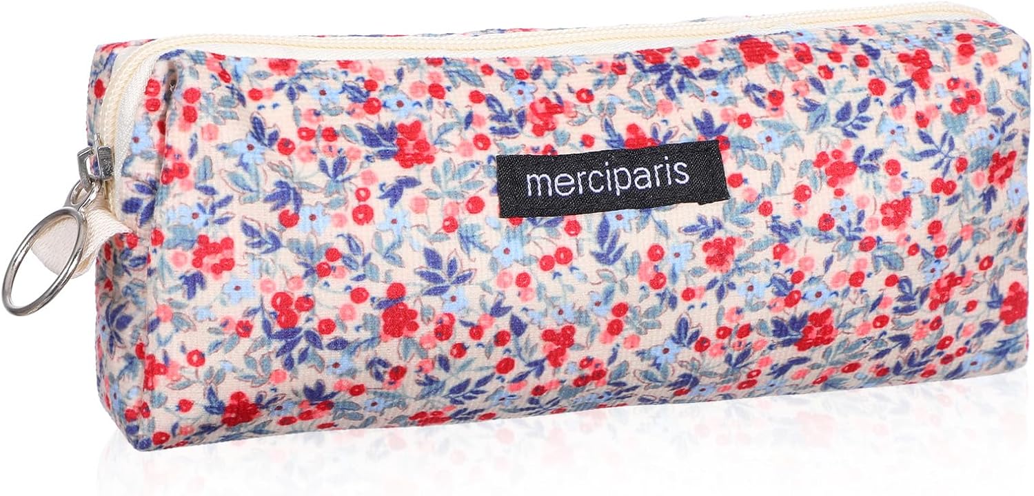 Trousse à Crayons Rétro Florale en Velours Beige