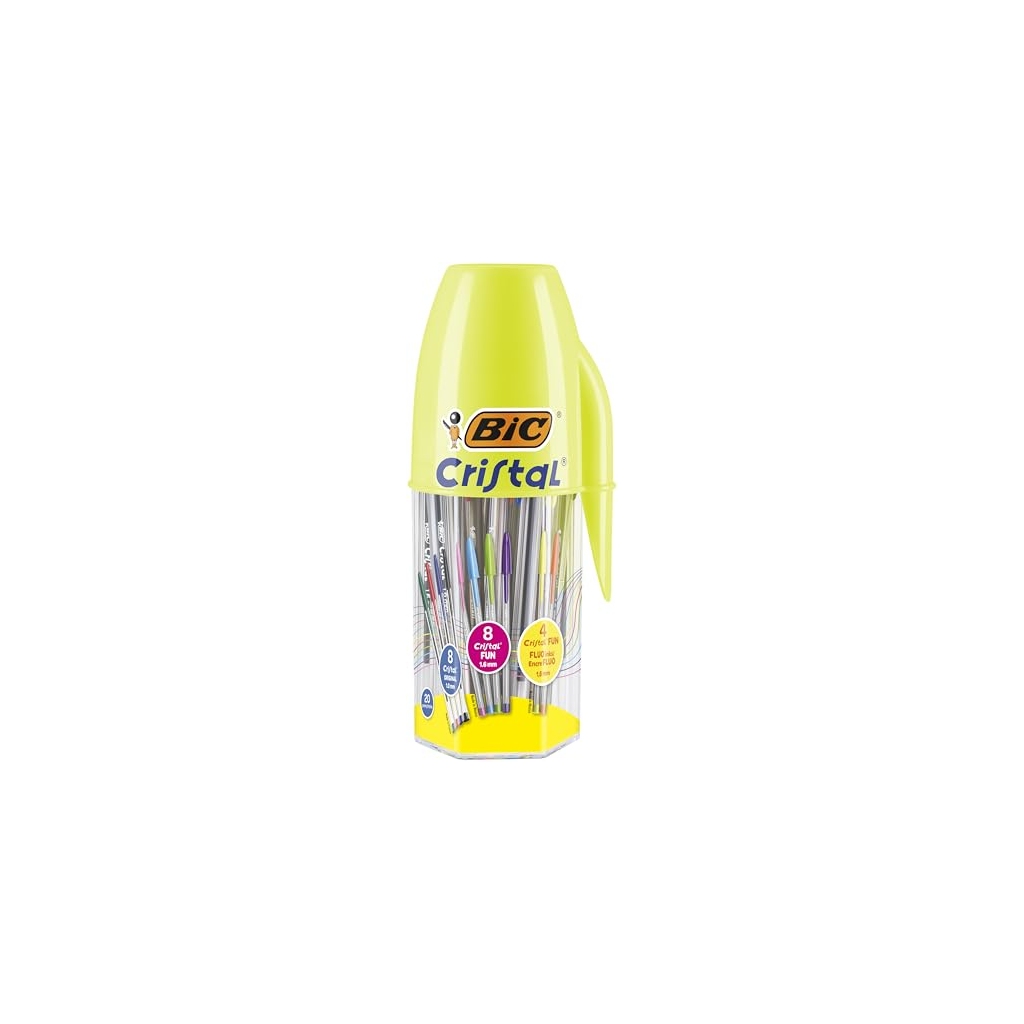 Pot de 20 stylos-bille BIC Cristal Original et Cristal Fun, pointes moyenne et large, couleurs assorties