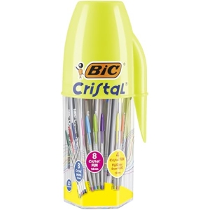 Pot de 20 stylos-bille BIC Cristal Original et Cristal Fun, pointes moyenne et large, couleurs assorties