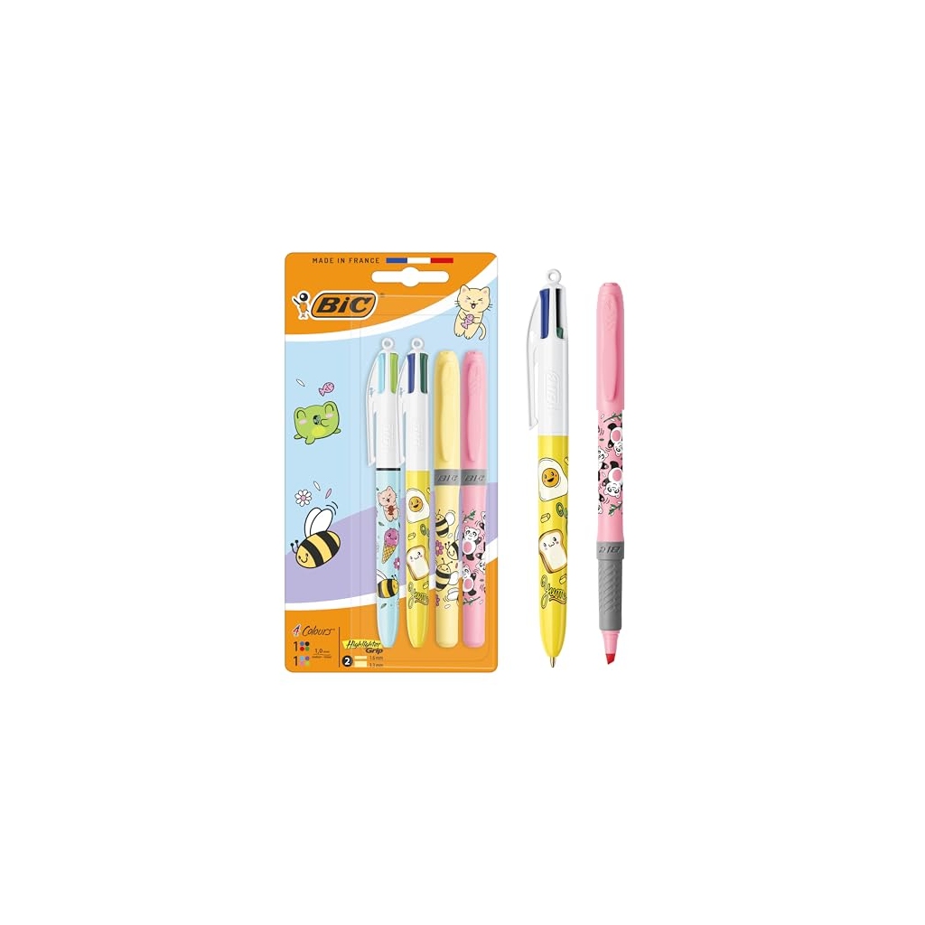 Pack Stylos Bille 4 Couleurs BIC Série Kawaii + Surligneur