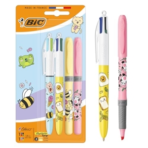 Pack Stylos Bille 4 Couleurs BIC Série Kawaii + Surligneur