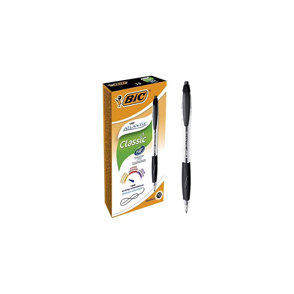 Stylo Bille Rétractable BIC Atlantis Classic Pointe Moyenne 1,0 mm - Noir, Boîte de 12