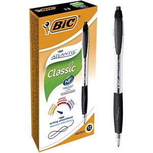 Stylo Bille Rétractable BIC Atlantis Classic Pointe Moyenne 1,0 mm – Noir, Boîte de 12