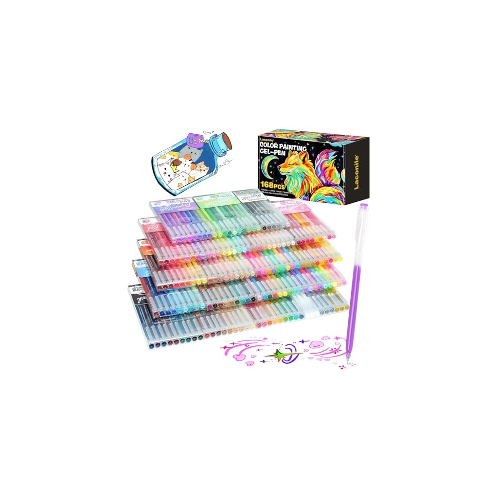 Lot de 168 Stylos Gel Couleurs Laconile - Paillette, Pastel, Métallique et Néon