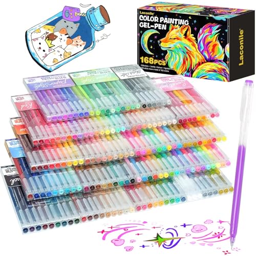 Lot de 168 Stylos Gel Couleurs Laconile - Paillette, Pastel, Métallique et Néon