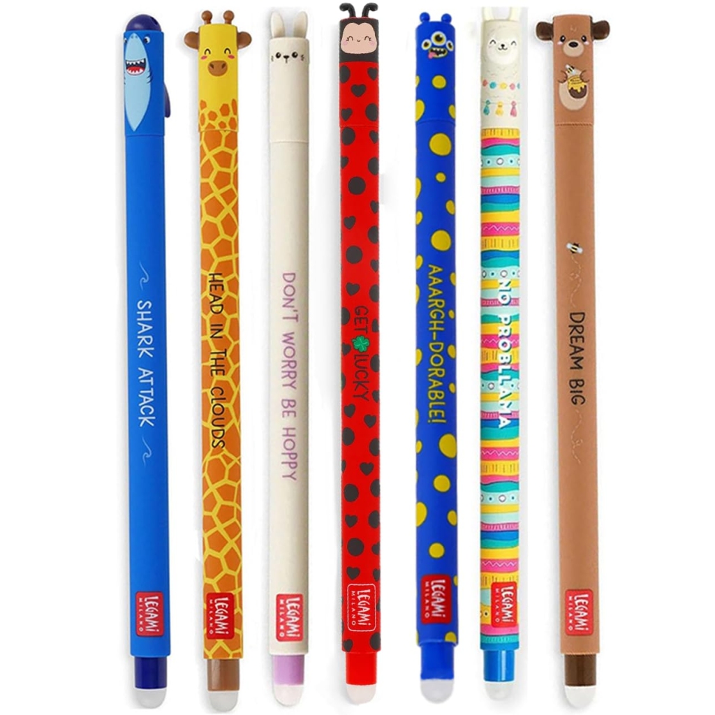 Lot de 7 Stylos Gel Effaçables Legami - Animaux Mignons