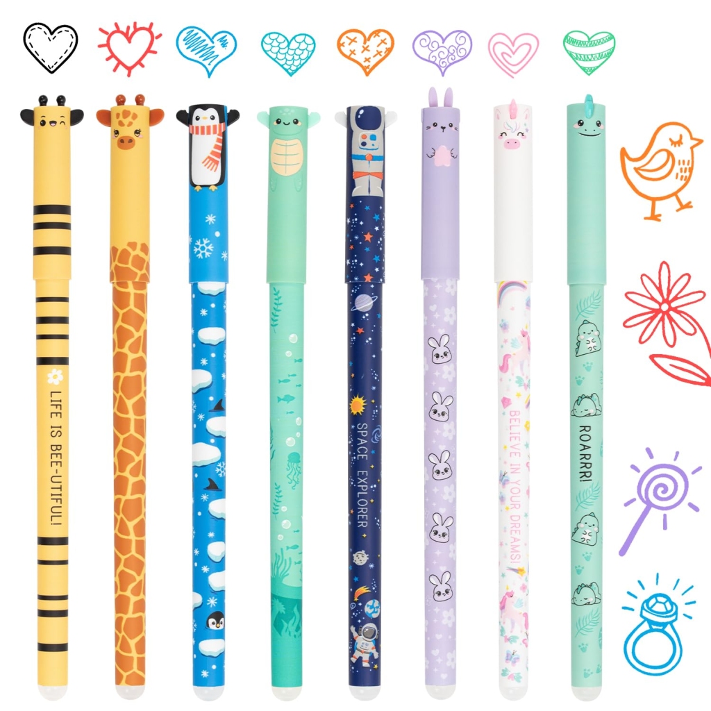 Lot de 8 Stylos Effaçables Zouwel avec Dessins d'Animaux - Pointe 0,5 mm
