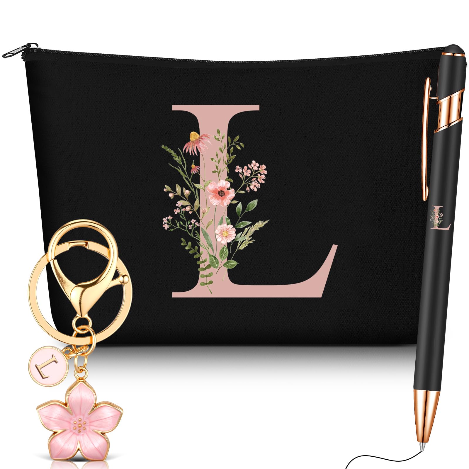 Trousse de Maquillage Hestya avec Initiale Florale - Coffret Cadeau 3 Pièces