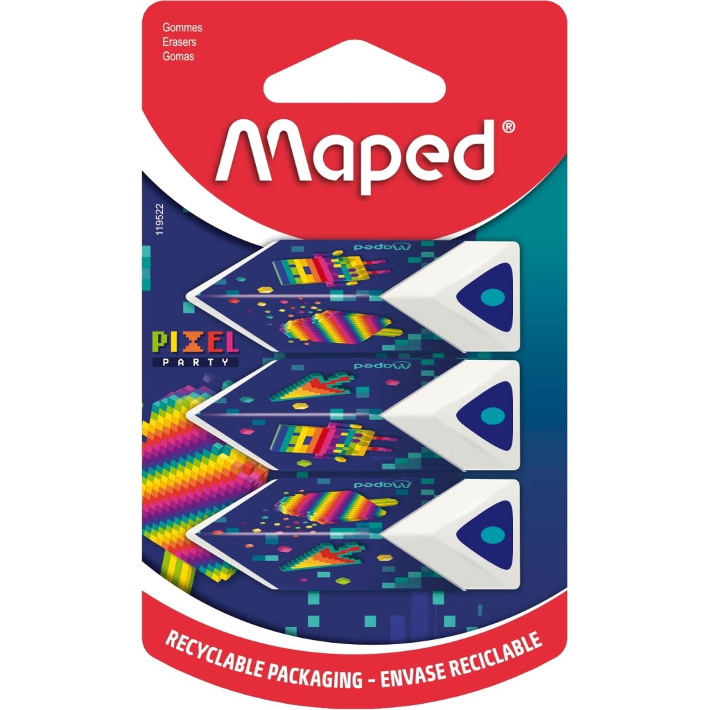 Lot de 3 Gommes Pyramides Pixel Party Maped - Précision et Confort