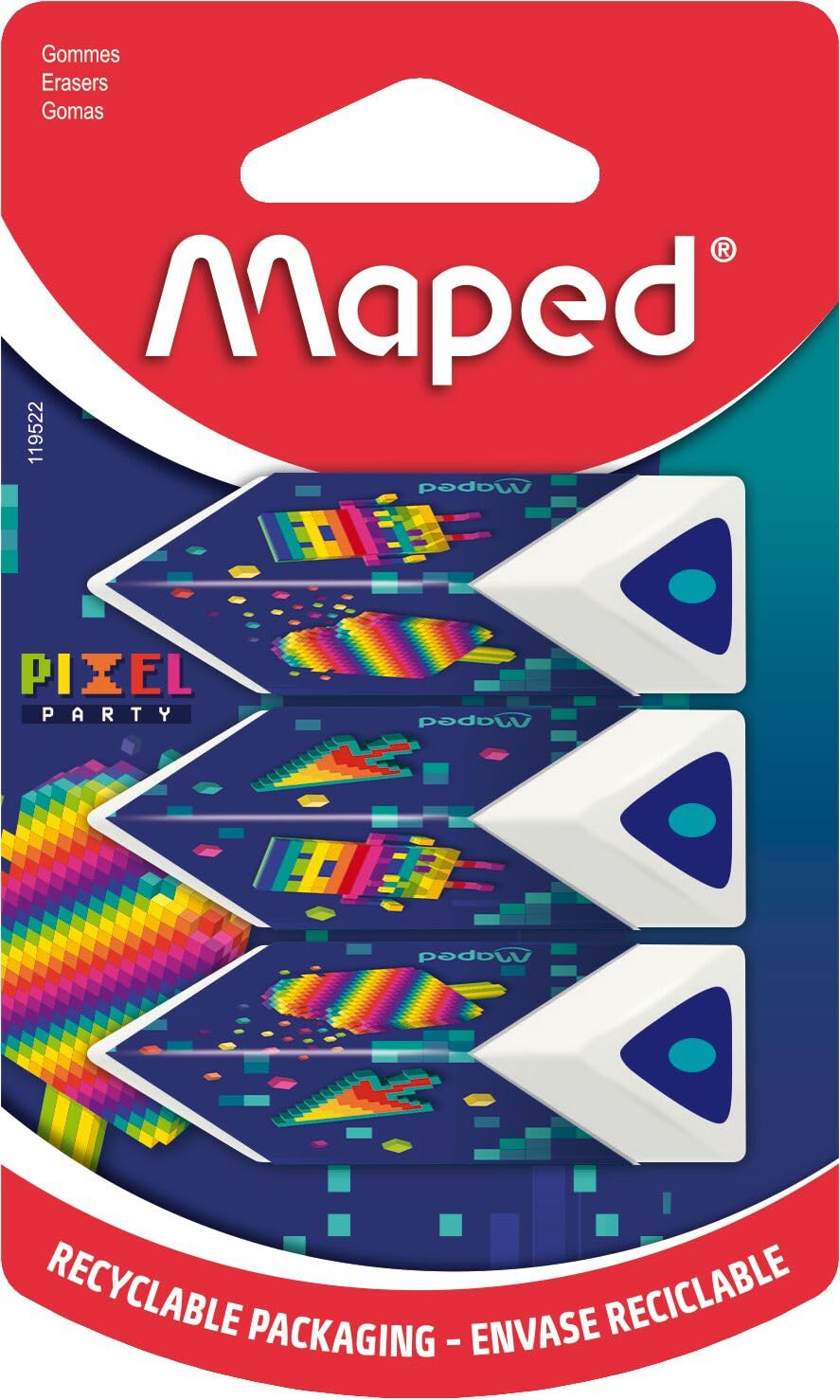 Lot de 3 Gommes Pyramides Pixel Party Maped - Précision et Confort