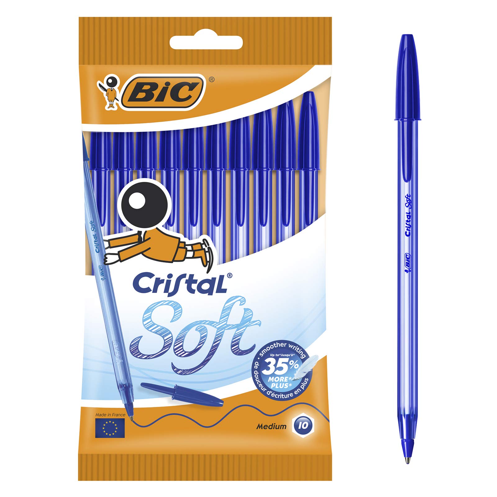 Stylo Bille Cristal Soft BIC - Pointe Moyenne 1,2 mm - Bleu, Pochette de 10