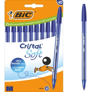 Stylo Bille Cristal Soft Bic - Pointe Moyenne 1,2 mm - Bleu - Boîte de 10