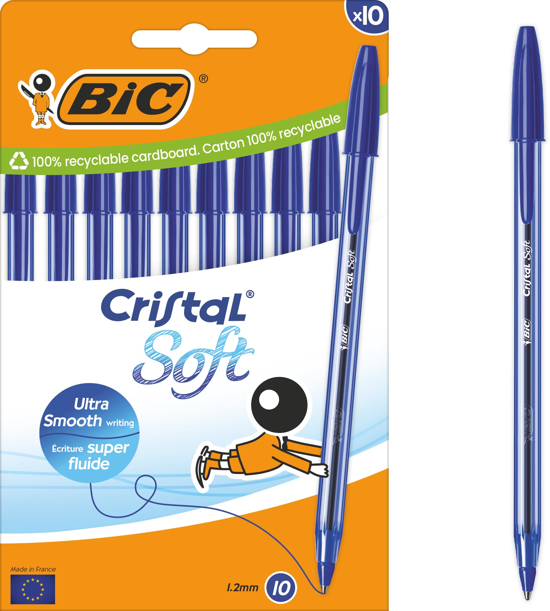 Stylo Bille Cristal Soft Bic - Pointe Moyenne 1,2 mm - Bleu - Boîte de 10