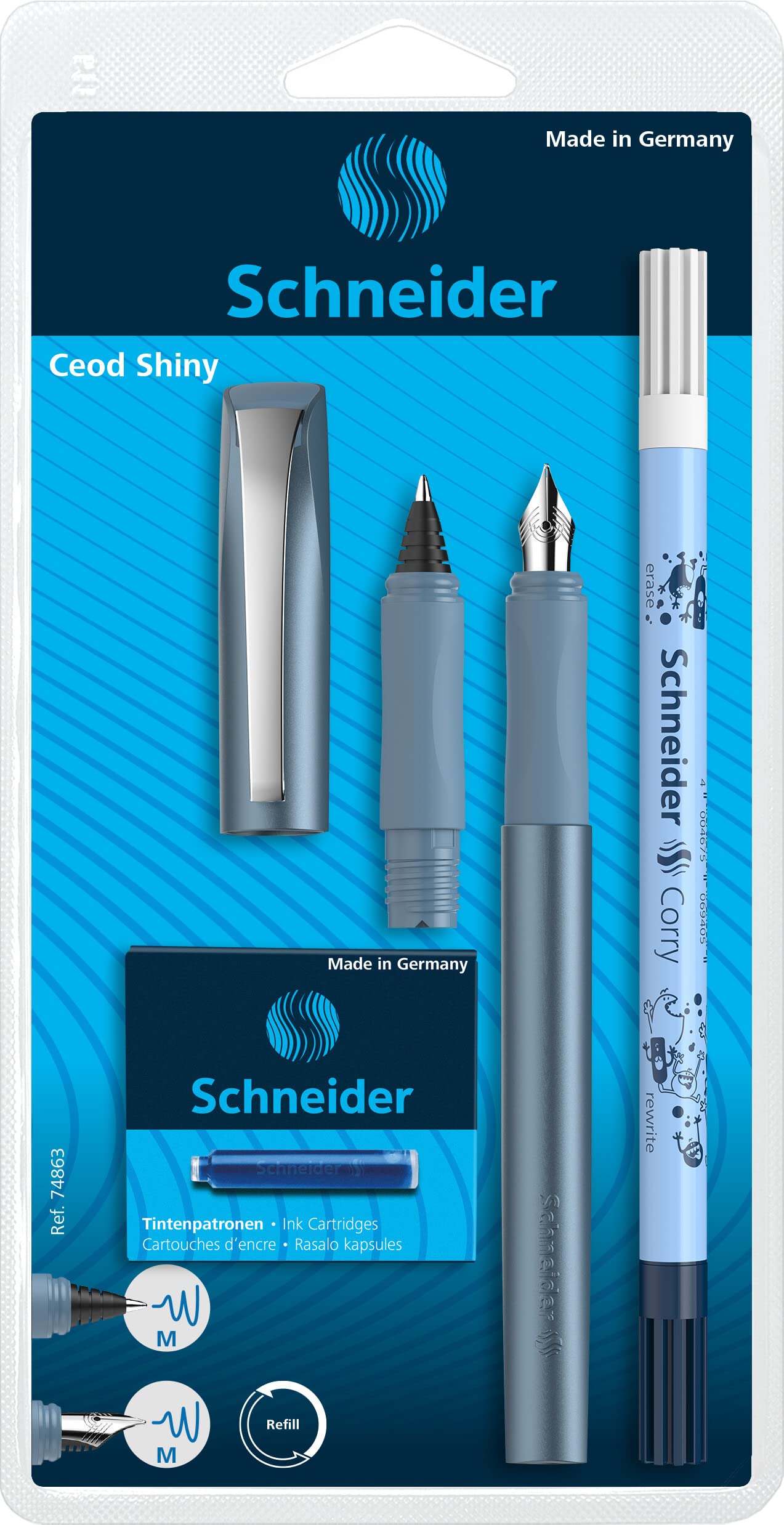 Kit d'Écriture Schneider Ceod Shiny avec Stylo Plume et Roller - Bleu Pacifique