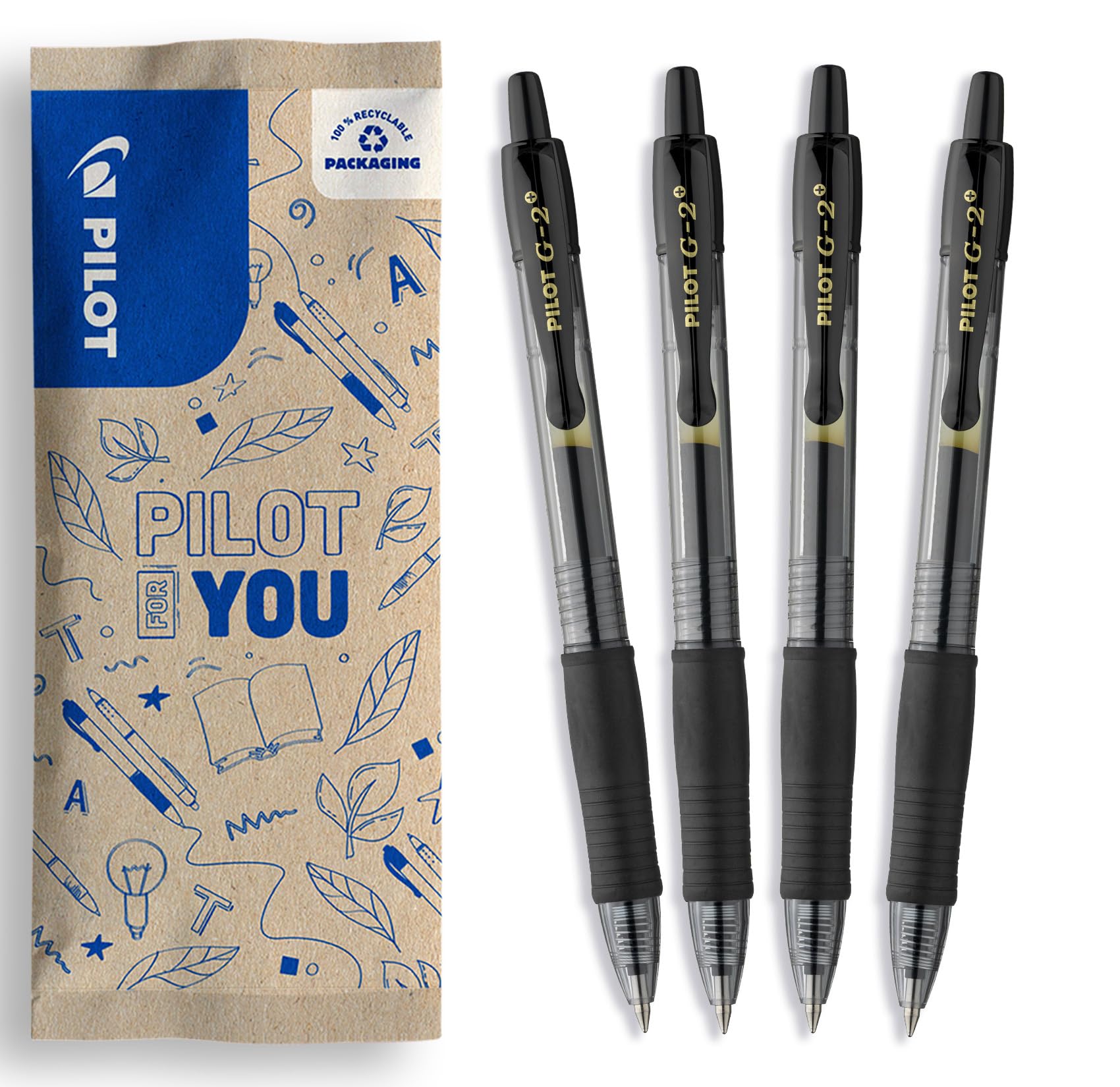 Stylo Roller Gel Pilot G2 Plus Lot de 4 Noir Pointe Moyenne