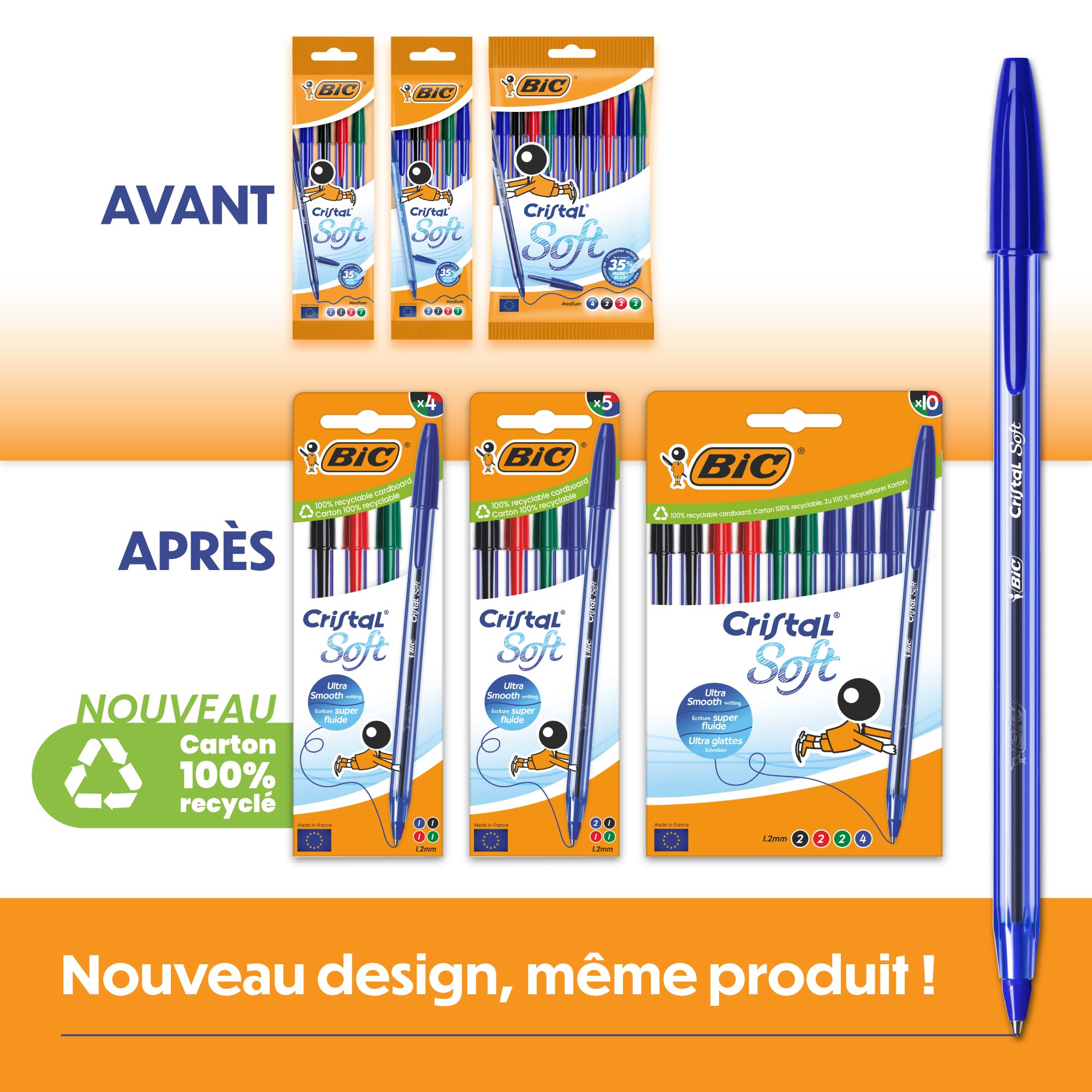 Stylo Bille Cristal Soft Bic - Pointe Moyenne 1,2 mm - Bleu - Boîte de 10 – Image 5