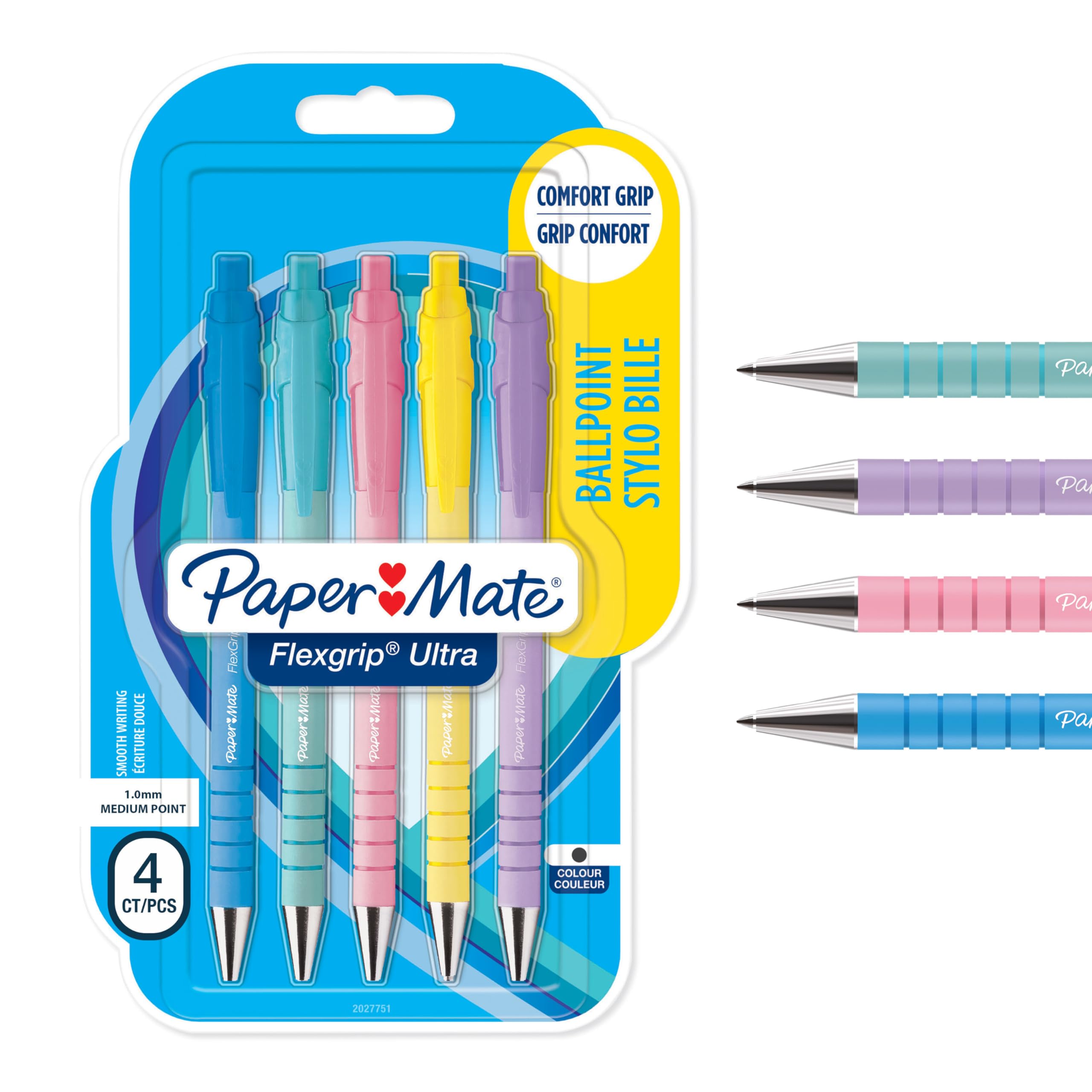 Lot de 5 Stylos Bille Rétractables Paper Mate Flexgrip Ultra - Pointe Moyenne 1,0 mm - Encre Noire - Couleurs Pastel