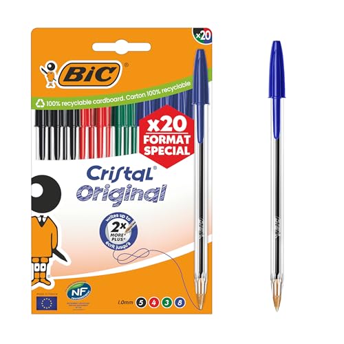 Lot de 20 stylos Bille BIC Cristal Original 1,0 mm Couleurs Assorties