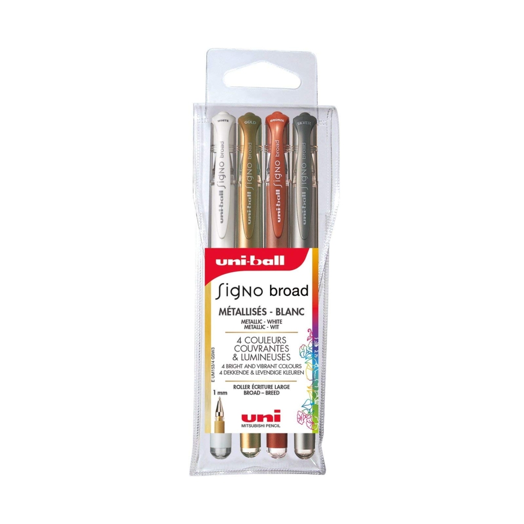 Lot de 4 Stylos Rollers Gel Uni-Ball Signo Broad - Pointe 1 mm - Or, Argent, Blanc, Bronze