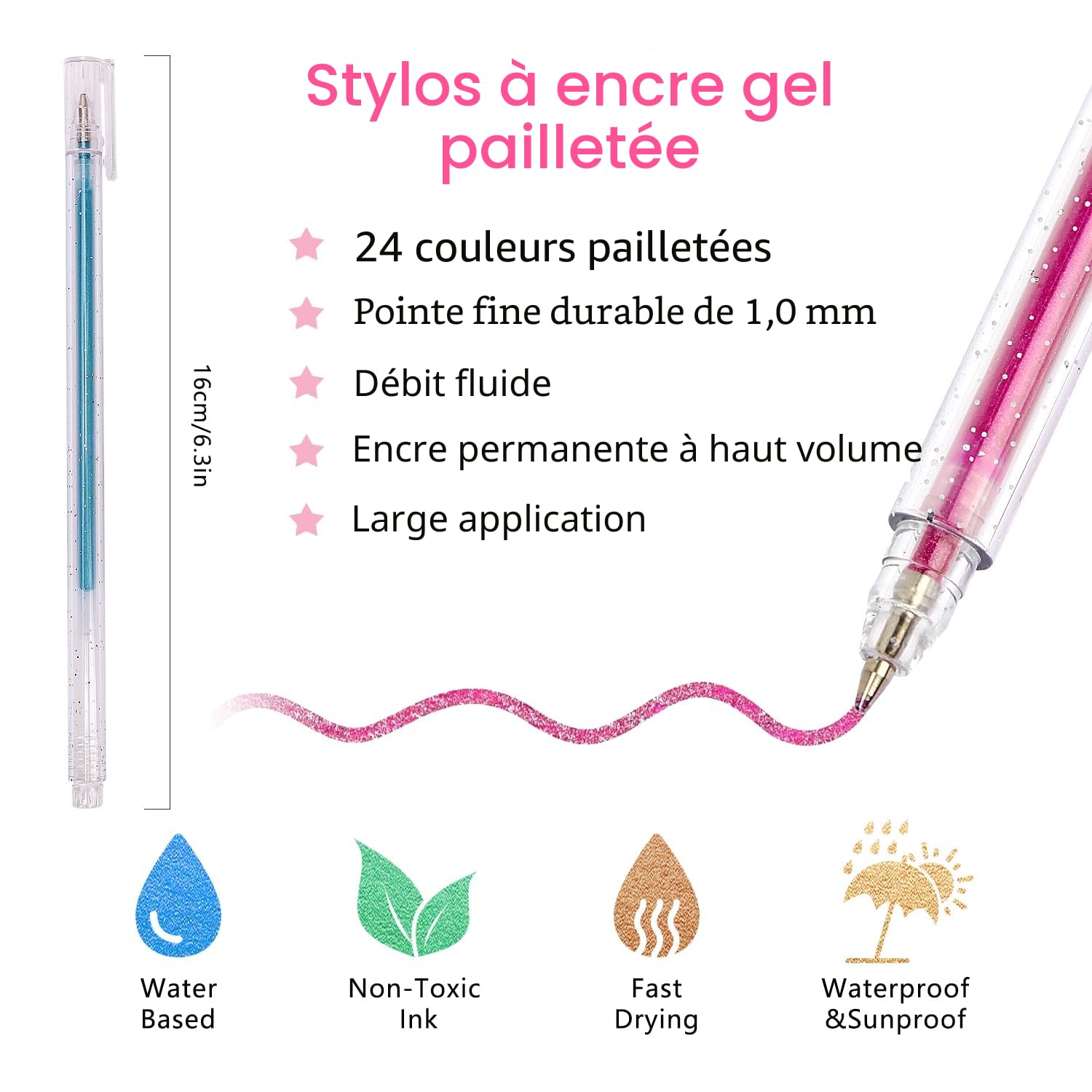 Set de 24 Stylos Gel Pailletés OWill - 12 Couleurs 1mm pour Coloriage et Dessins Créatifs – Image 7