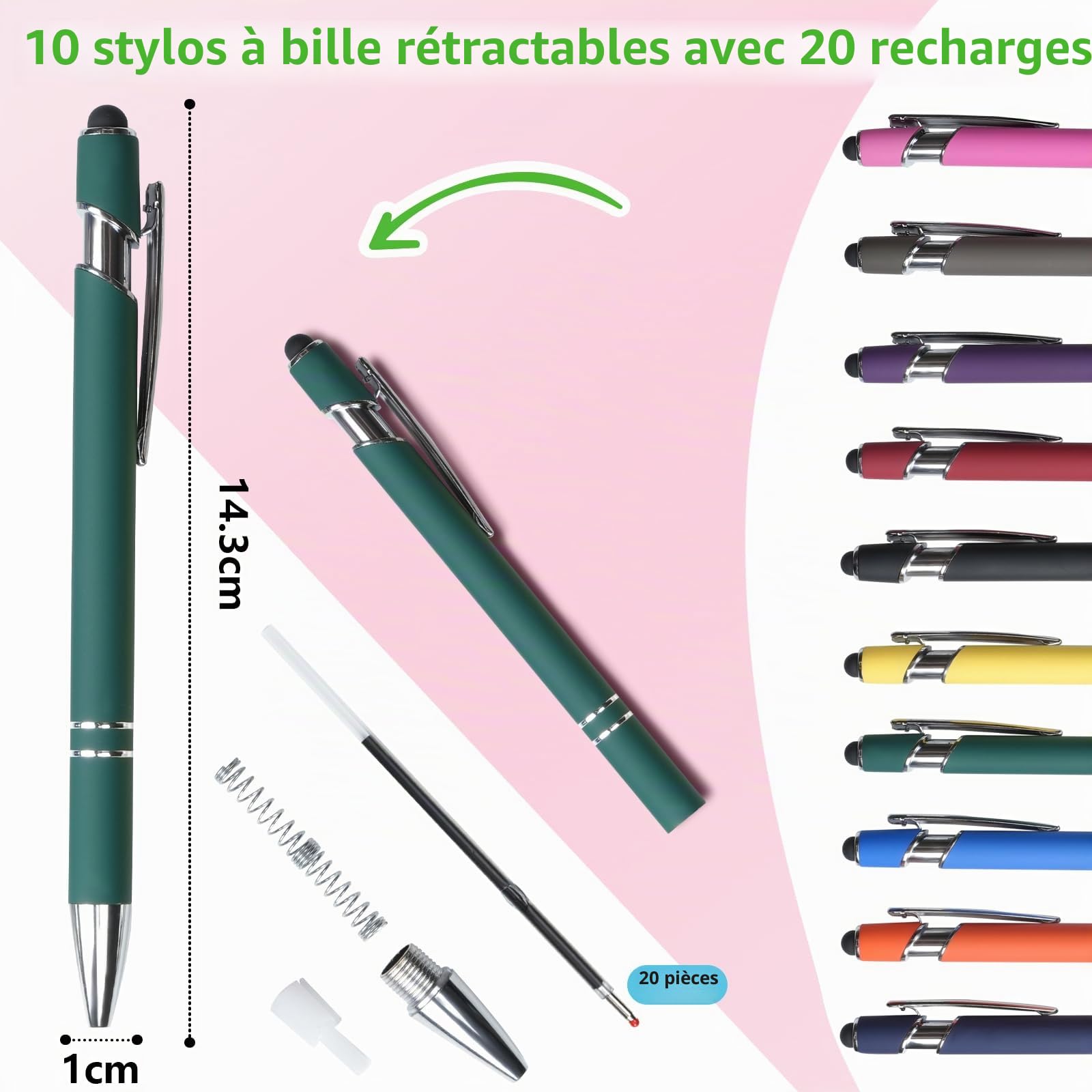 Set de Stylos Bille Rétractables Hengxinchen - 10 Stylos + 20 Recharges – Image 2