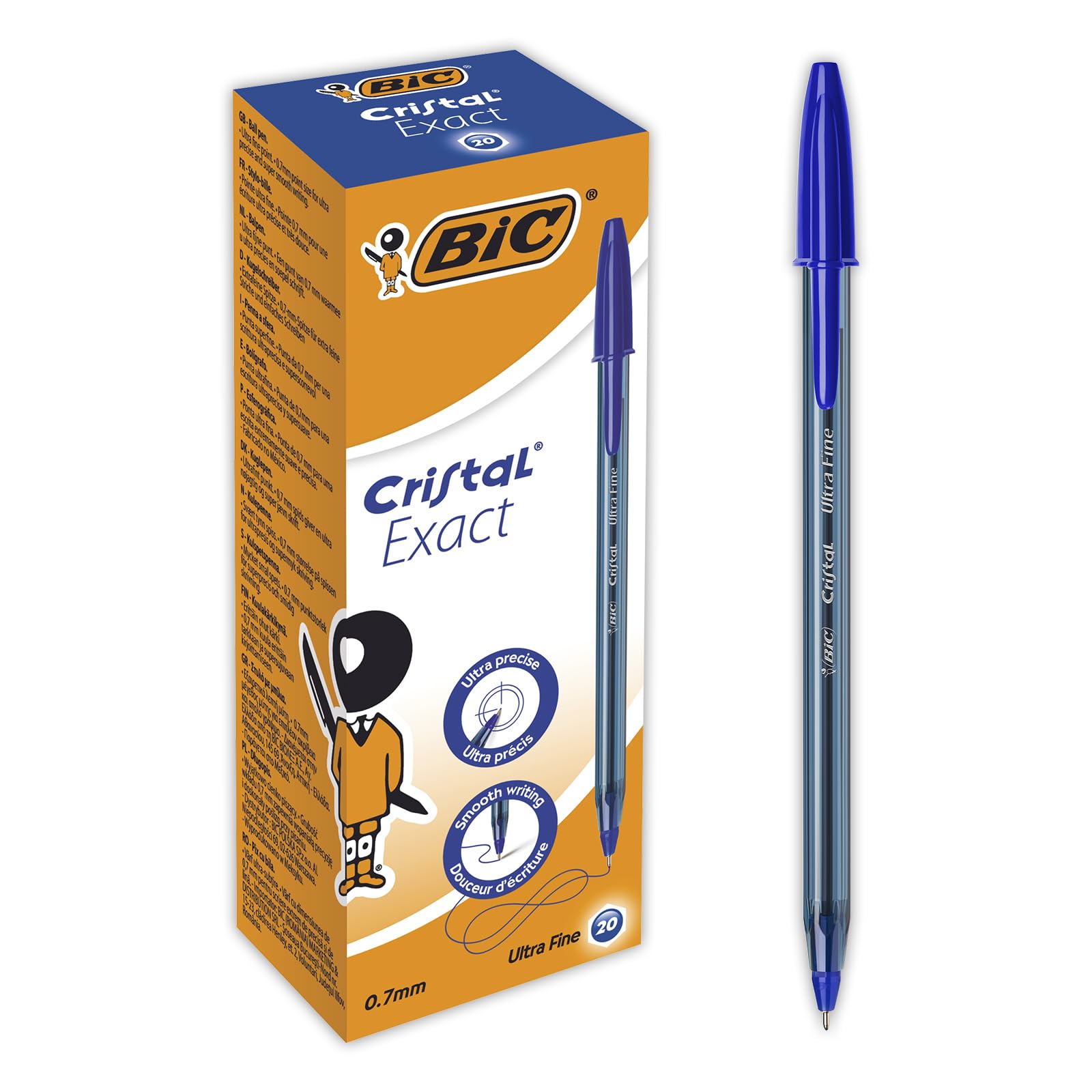 Stylo Bille Cristal Exact Bic Pointe Aiguille 0,7 mm - Bleu, Boîte de 20