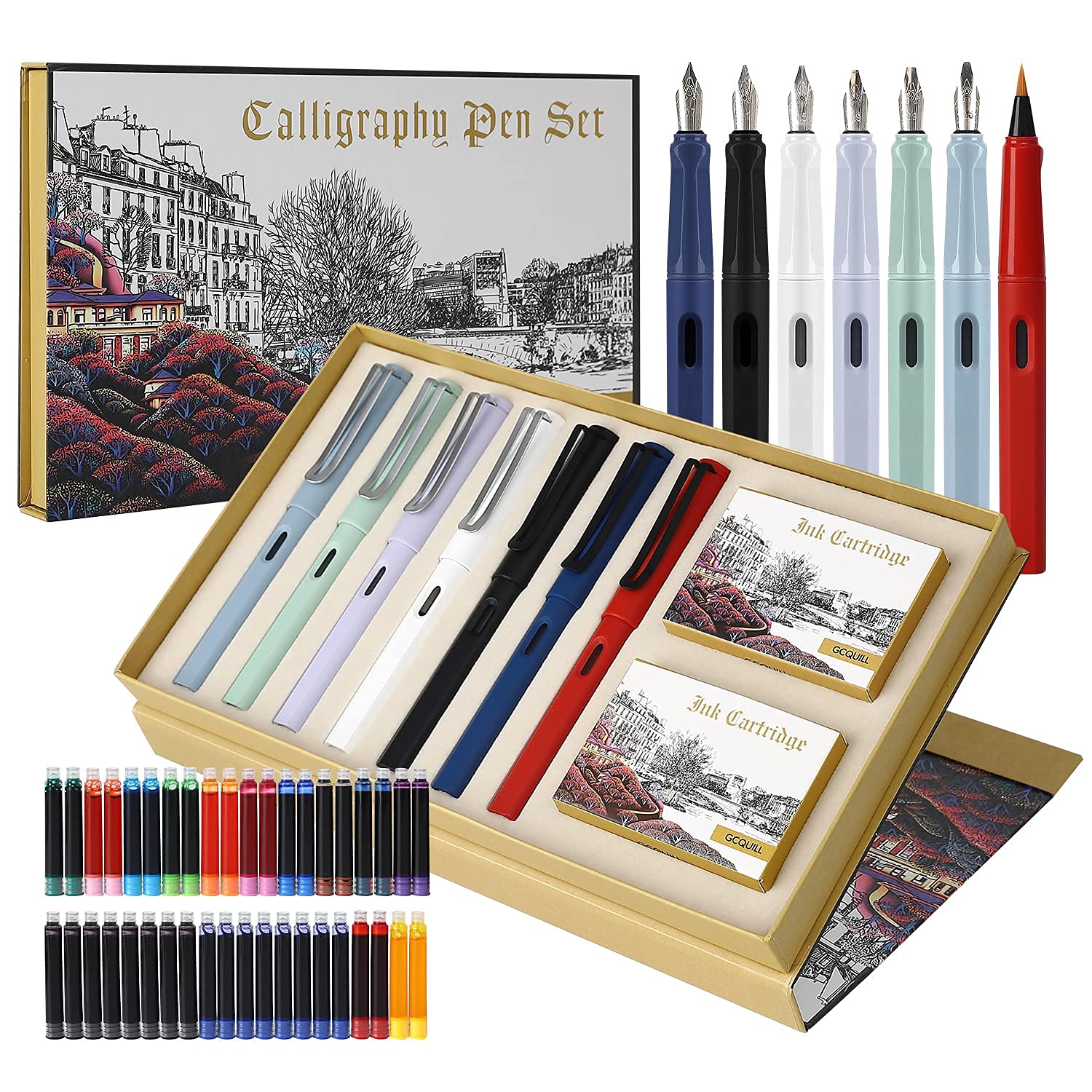 Lot de 7 Stylos Plume Calligraphie GC QUILL avec Pointes et Cartouches