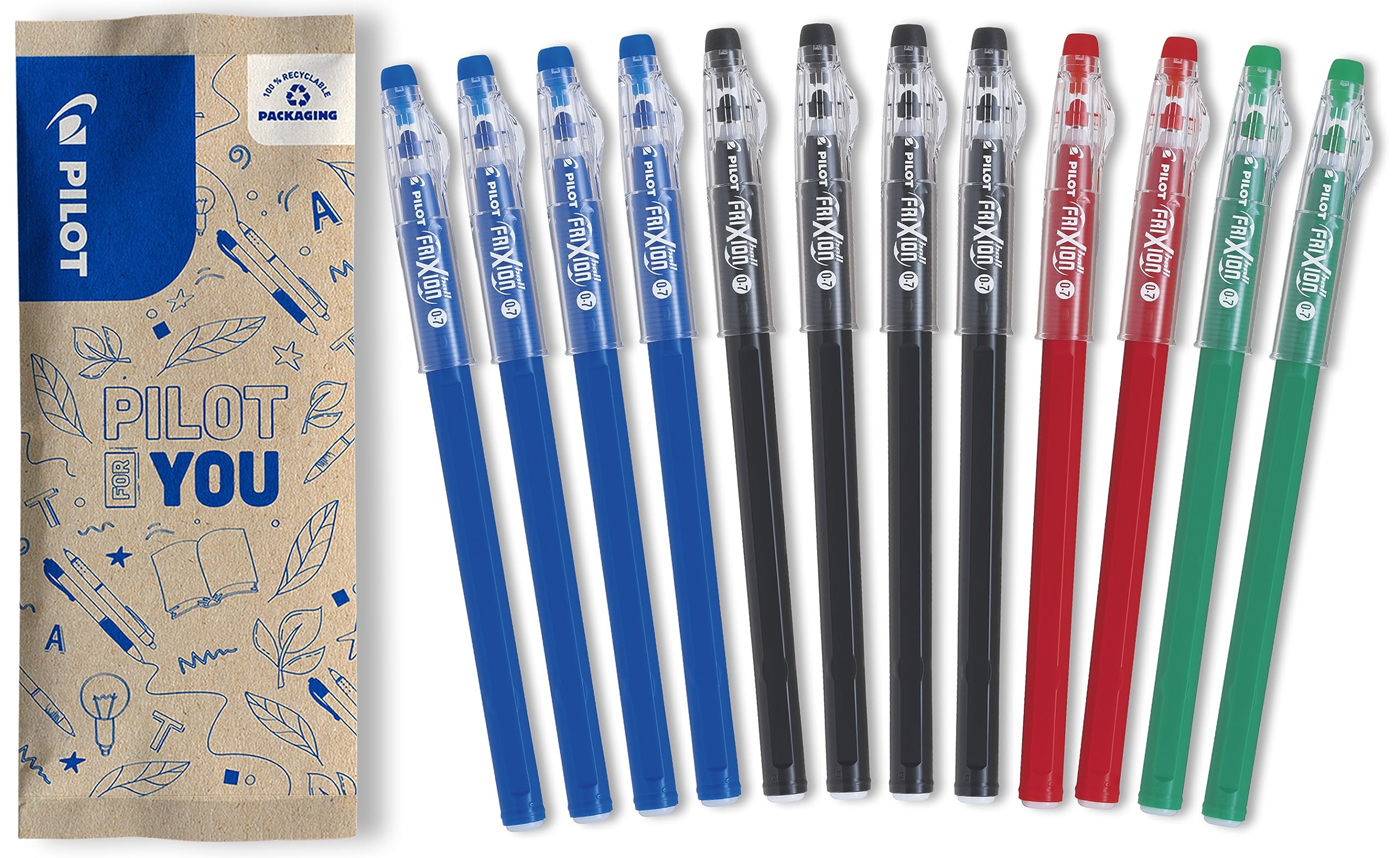 Lot de 12 Stylos Gel Effaçables FriXion Ball Stick Pilot - Pointe Moyenne