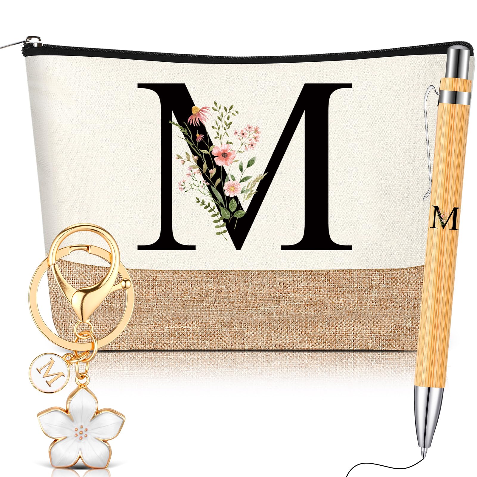 Lot de 3 Cadeaux Femme Hestya - Trousse, Porte-Clés, Stylo Bille Initiale Florale