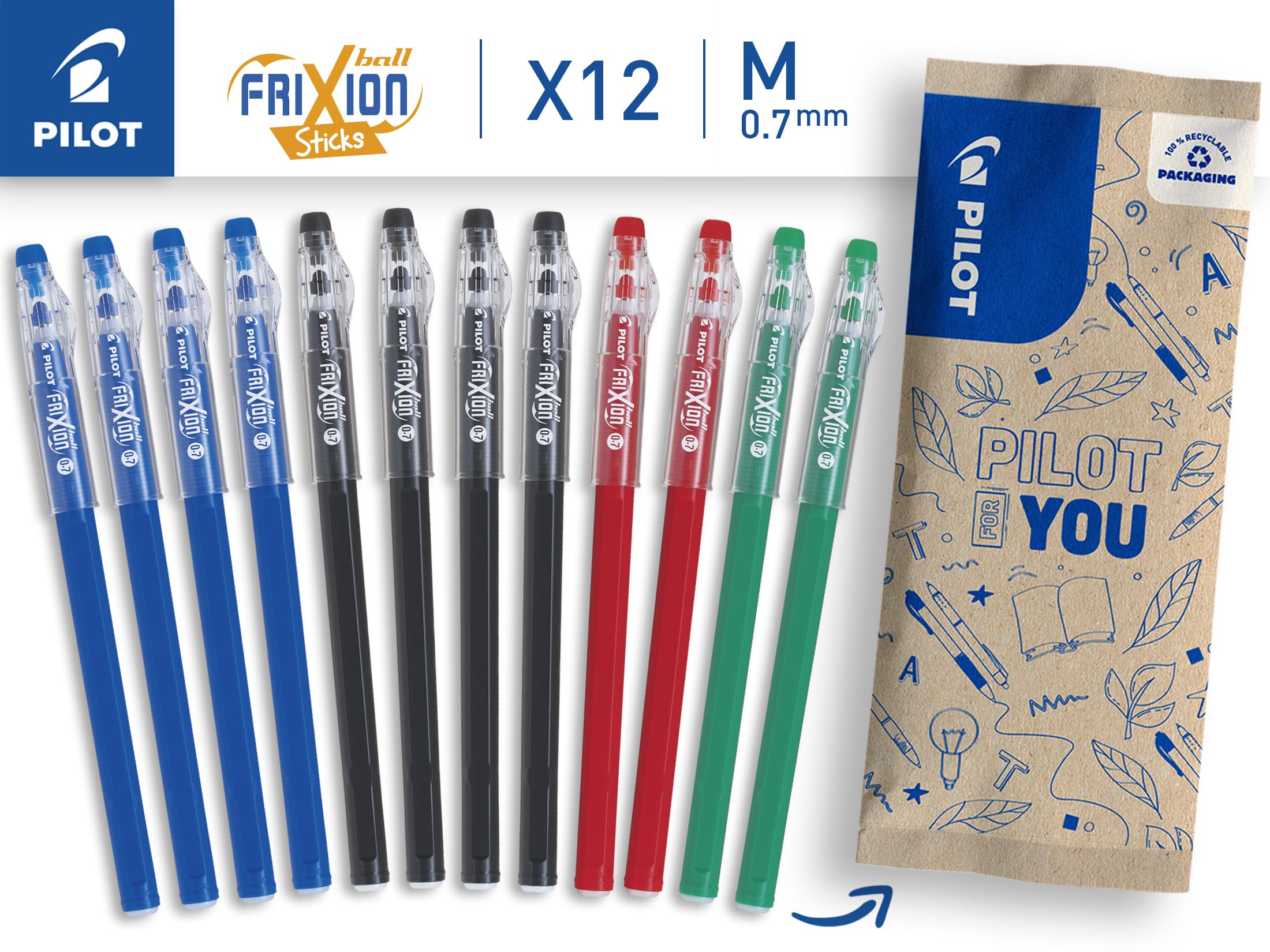Lot de 12 Stylos Gel Effaçables FriXion Ball Stick Pilot - Pointe Moyenne – Image 3