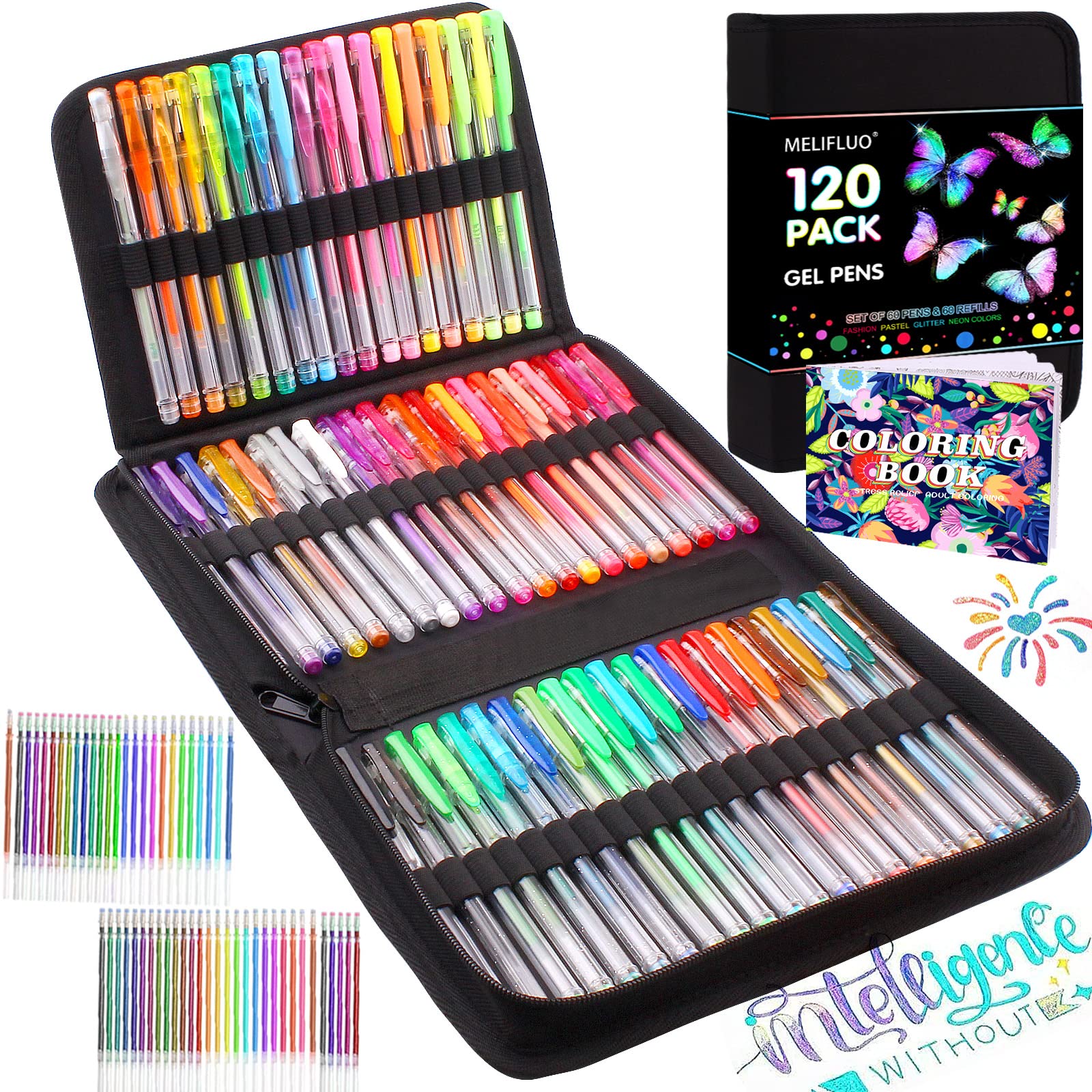 Lot de 120 Stylos Gel Pailletés Melifluo - 60 Couleurs + 60 Recharges