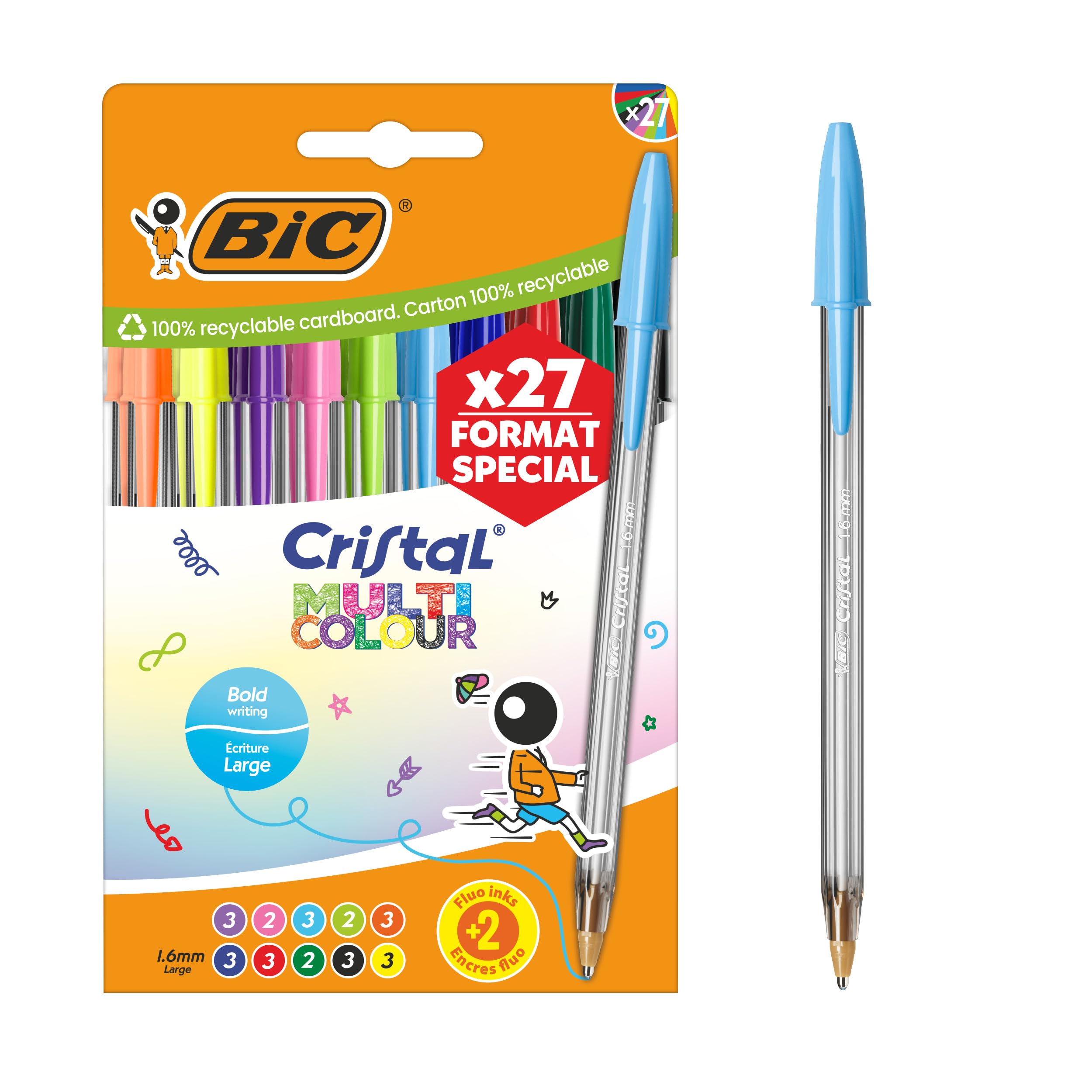 Pack de 27 Stylos Bille BIC Cristal Multicolour - Pointe Large 1,6 mm